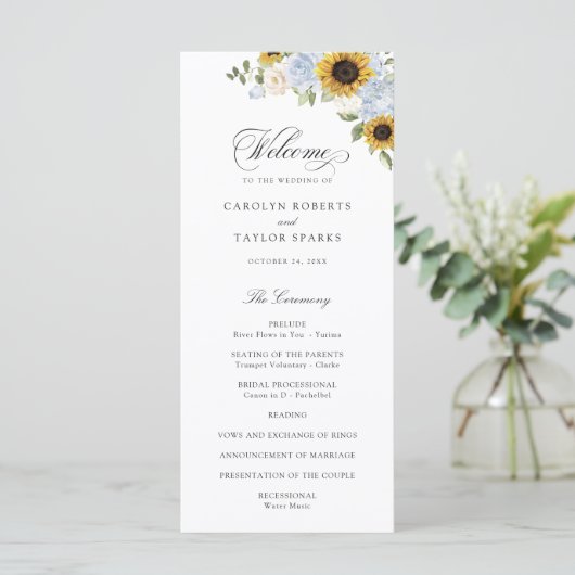 Sunflower Dusty Blue Floral Rustic Wedding Program Programma (Staand voorkant)