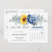 Sunflower Dusty Blue Peony Calendar Save the Date Briefkaart (Voorkant / Achterkant)