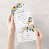 Sunflower Dusty Blue Rustic Rozen Wedding All In One Uitnodiging (Afscheurbaar)