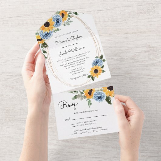 Sunflower Dusty Blue Rustic Rozen Wedding All In One Uitnodiging (Afscheurbaar)