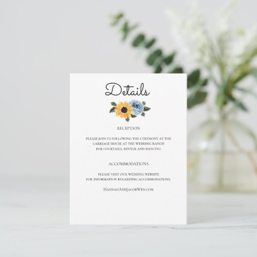 Sunflower Dusty Blue Rustic Wedding Informatiekaartje (Staand voorkant)