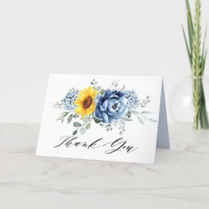 Sunflower Dusty Blue Slate Peony Floral Wedding Bedankkaart