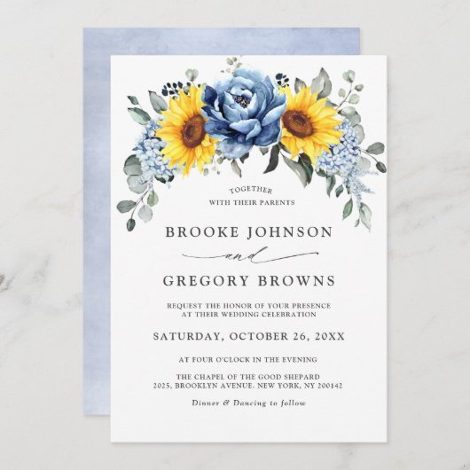 Sunflower Dusty Blue Slate Peony Floral Wedding Kaart (Voorkant / Achterkant)