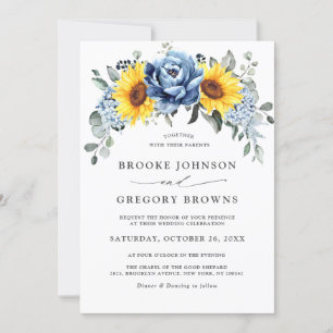 Sunflower Dusty Blue Slate Peony Floral Wedding Kaart