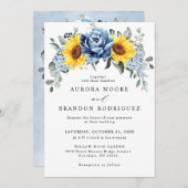 Sunflower Dusty Blue Slate Peony Floral Wedding Kaart (Voorkant / Achterkant)