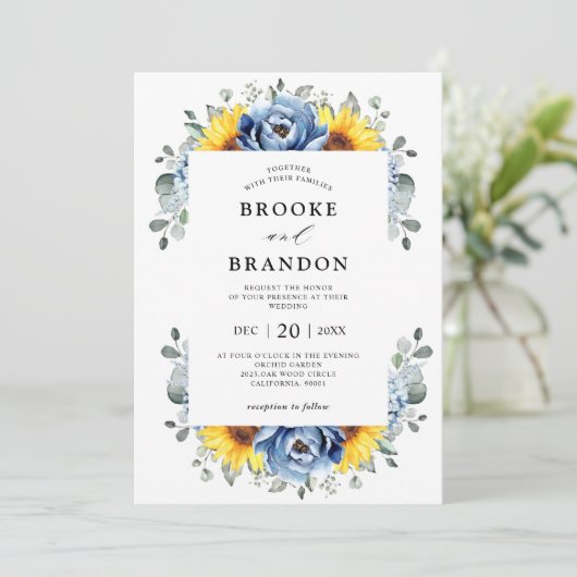 Sunflower Dusty Blue Slate Peony Floral Wedding Kaart (Staand voorkant)