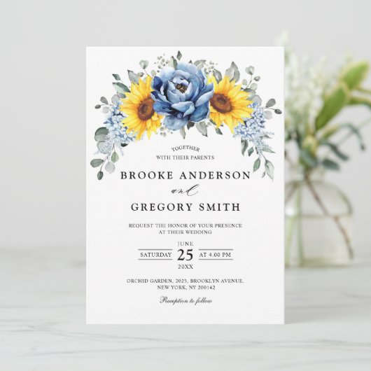 Sunflower Dusty Blue Slate Peony Floral Wedding Kaart (Staand voorkant)