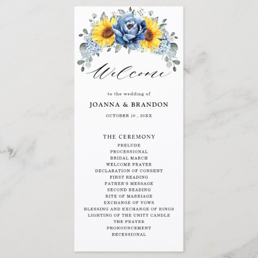 Sunflower Dusty Blue Slate Peony Floral Wedding Programma (Voorkant)