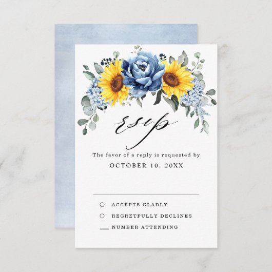 Sunflower Dusty Blue Slate Peony Floral Wedding RSVP Kaartje (Voorkant / Achterkant)