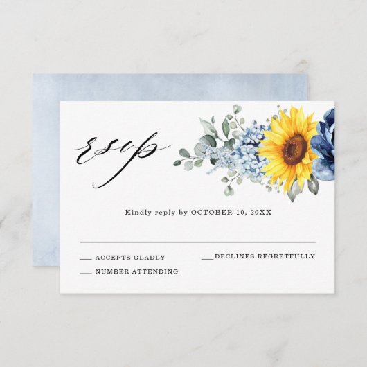 Sunflower Dusty Blue Slate Peony Floral Wedding RSVP Kaartje (Voorkant / Achterkant)