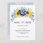 Sunflower Dusty Blue Slate Peony Floral Wedding Save The Date (Voorkant / Achterkant)