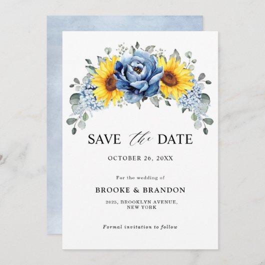 Sunflower Dusty Blue Slate Peony Floral Wedding Save The Date (Voorkant / Achterkant)