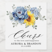 Sunflower Dusty Blue Slate Peony Floral Wedding Wijn Etiket (Enkel label)