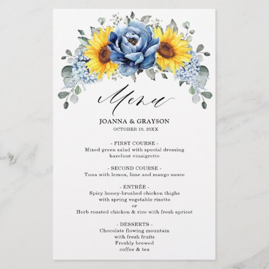 Sunflower Dusty Blue Slate Peony Menu Mariage (Devant)