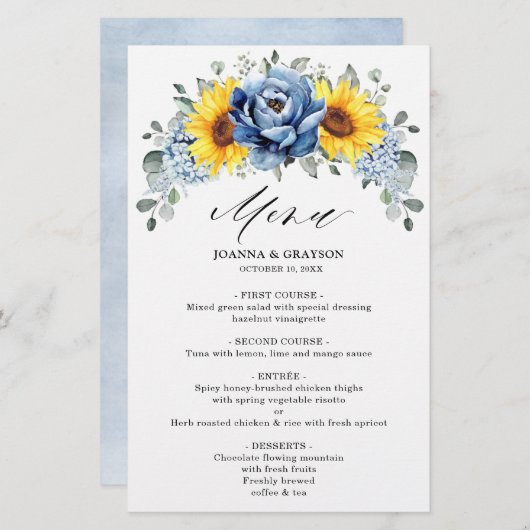 Sunflower Dusty Blue Slate Peony Wedding Menu (Voorkant / Achterkant)