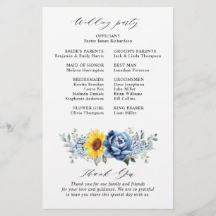 Sunflower Dusty Blue Slate Peony Wedding Programme