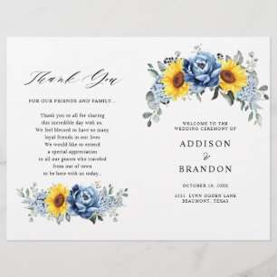 Sunflower Dusty Blue Slate Peony Wedding Programme