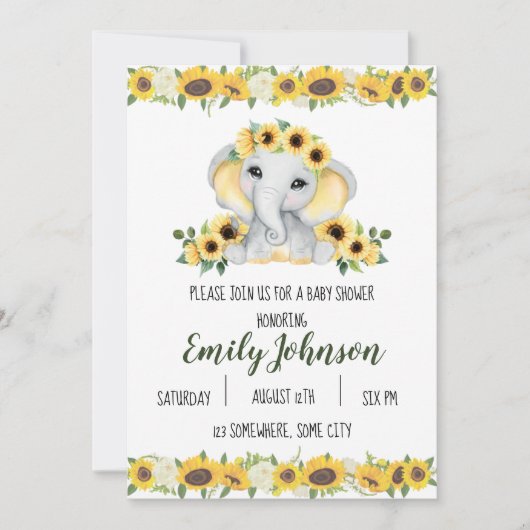 Sunflower Elephant baby shower Invitation (Voorkant)