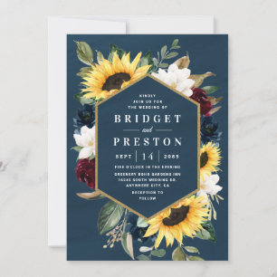 Sunflower en Navy Blue Magnolia Burgundy Wedding Kaart