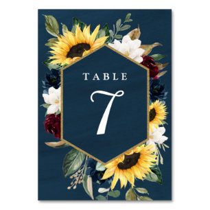 Sunflower en Navy Blue Magnolia Burgundy Wedding Kaart