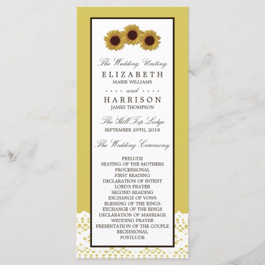 Sunflower et programme de mariage Vintage de dente (Devant)