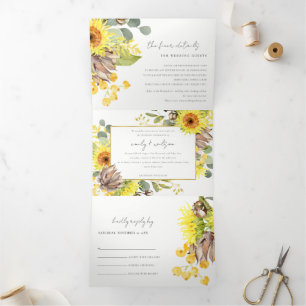 SUNFLOWER EUCALYPTUS WATERVERF FLORAL WEDING DRIELUIK UITNODIGING