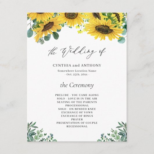 Sunflower Eucalyptus Wedding Ceremony Programme Kaart (Voorkant)