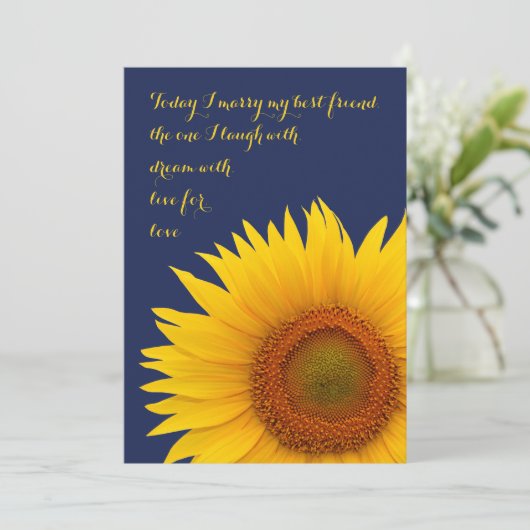 Sunflower Faire-part de mariage Navy bleu jaune (Debout devant)