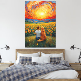 Sunflower Field Sunset Dog and Girl Art Canvas Afdruk