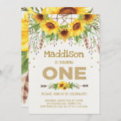 Sunflower First Birthday Invite Boho Queen Bee Kaart (Voorkant / Achterkant)