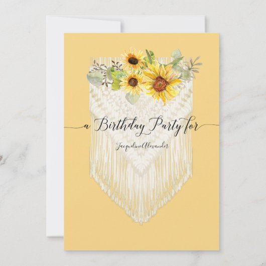Sunflower Floral Leaf Macrame Boho Birthday Party Kaart (Achterkant)