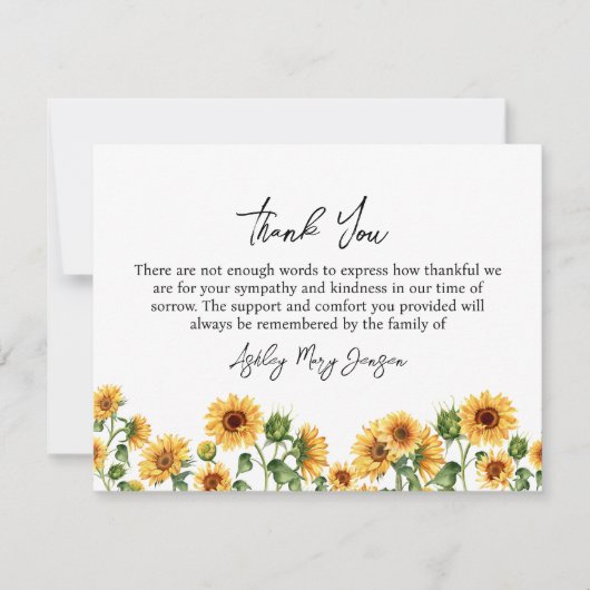 Sunflower Funeral Merci Note Card Bereavement (Devant)