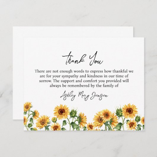 Sunflower Funeral Merci Note Card Bereavement (Devant / Derrière)