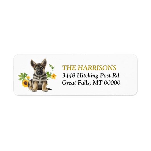 Sunflower German Shepherd Puppy Return Address Etiket (Voorkant)