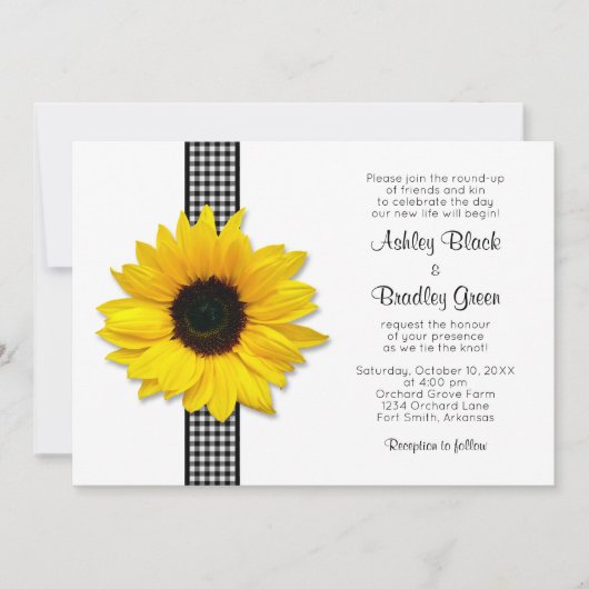 Sunflower Gingham Check Ribbon Wedding Invitation Kaart (Voorkant)