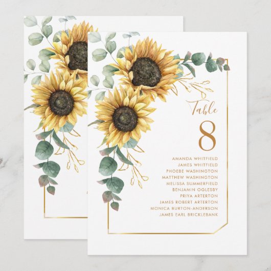 Sunflower Greenery Numéro de table Siège Mariage (Devant / Derrière)