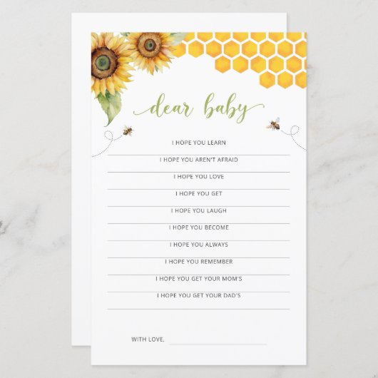 Sunflower Honey Bee Baby shower Chère carte bébé (Devant / Derrière)