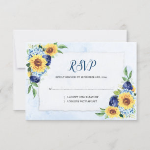 Sunflower Hydrangea Blue Waterverf Wedding RSVP Kaartje
