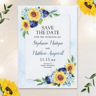 Sunflower Hydrangea Blue Waterverf Wedding Save The Date