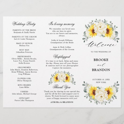 Sunflower Ivory Peony Eucalyptus Weddenschap (Voorkant)