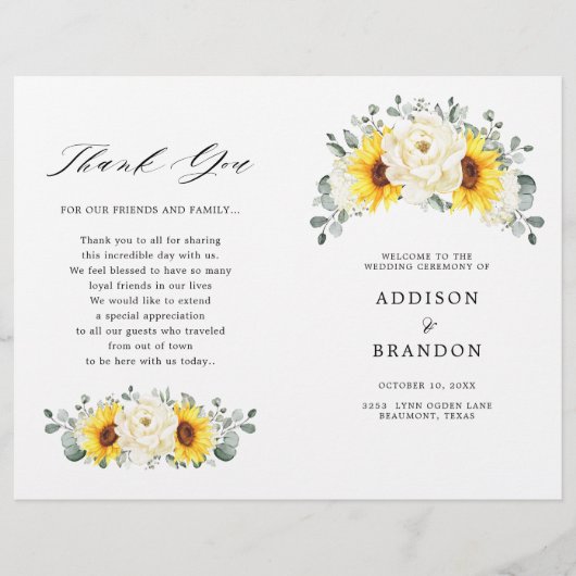 Sunflower Ivory Peony Floral Eucalyptus Programme (Devant)