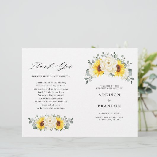 Sunflower Ivory Peony Floral Eucalyptus Programme (Debout devant)