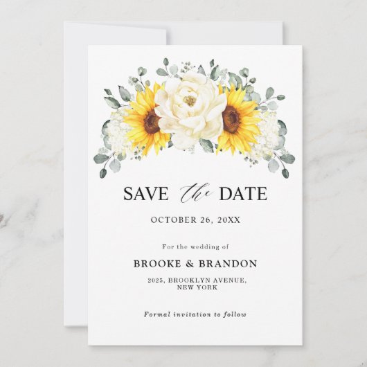 Sunflower Ivory Peony Floral Eucalyptus Wedding Save The Date (Voorkant)