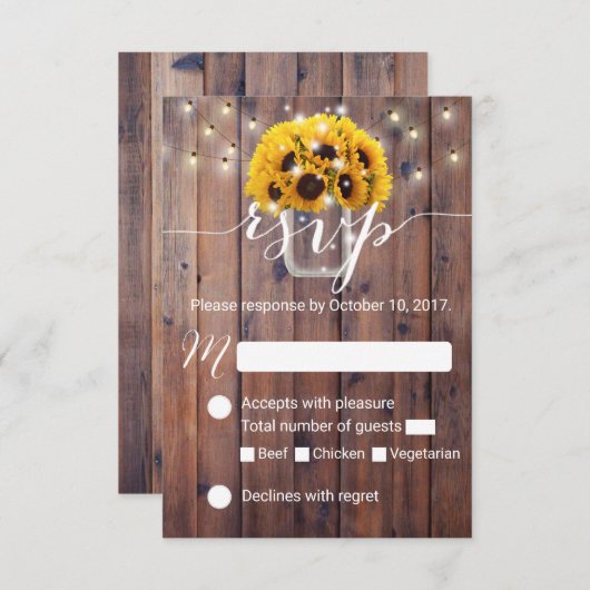 Sunflower Jar Grange Bois Mariage rustique RSVP (Devant / Derrière)