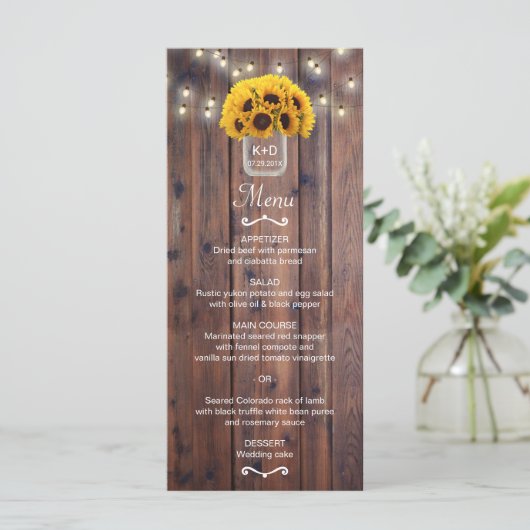 Sunflower Jar String Lights Rustic Wedding Menu (Staand voorkant)