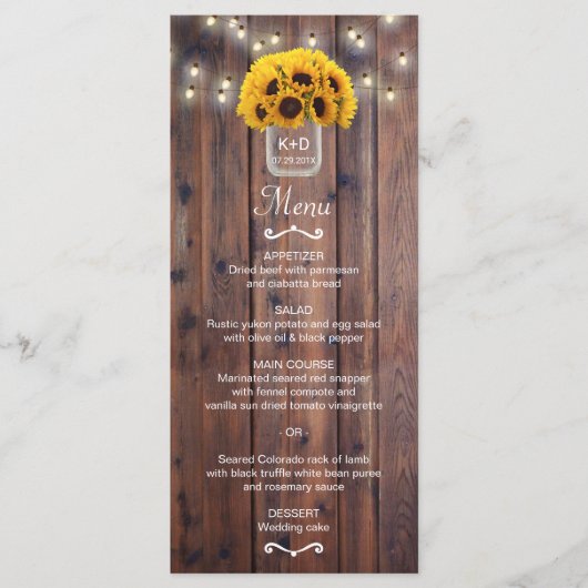 Sunflower Jar String Lights Rustic Wedding Menu (Voorkant)