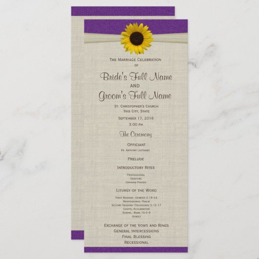 Sunflower jaune et Burlap Programme de mariage vio (Devant / Derrière)