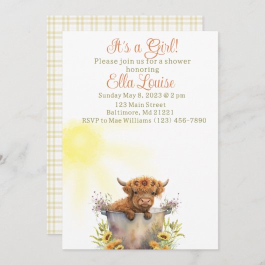 Sunflower l Highland vache baby shower invitation (Devant / Derrière)