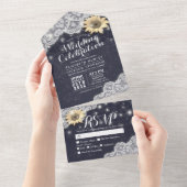 Sunflower Lace String Light Navy Blue Wedding RSVP All In One Uitnodiging (Afscheurbaar)
