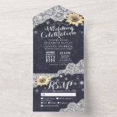 Sunflower Lace String Light Navy Blue Wedding RSVP All In One Uitnodiging (Binnen)